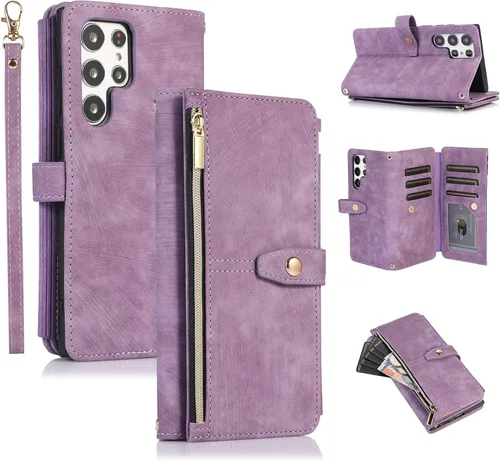Vista 17 de UEEBAI Funda tipo cartera para Samsung Galaxy S22 5G, Retro 9 ranuras para tarjetero, bolsillo con cremallera, cierre magnético, función atril