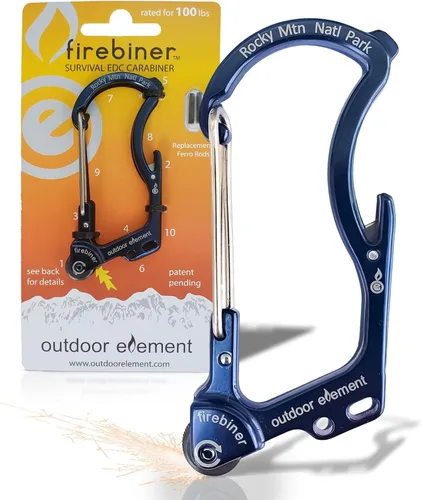 Vista 32 de OUTDOOR ELEMENT Firebiner Custom Engraved 6-in-1 Fire Starter Carabiner Multitool – Survival Gear EDC Keychain with Utility Blade, Bottle Opener