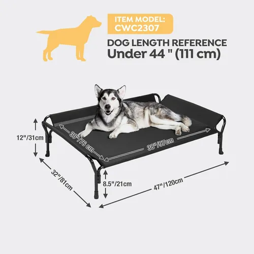 Vista 3 de Veehoo Cama elevada refrescante para perro, cuna elevada para mascotas con barandilla y reposacabezas inclinado, malla Teslin duradera y Negro