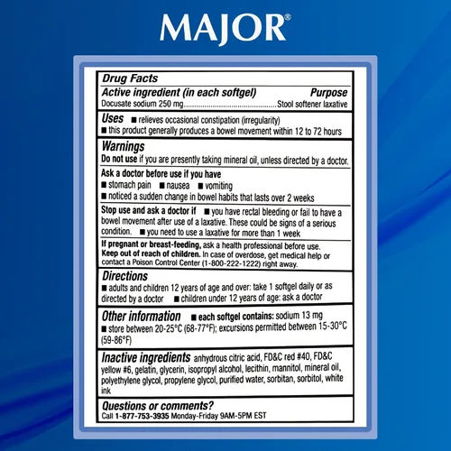 Vista 6 de MAJOR Docusate Sodium 250 mg, laxante suavizante de heces extra fuerte para alivio ocasional del estreñimiento, sin estimulantes, 100 cápsulas