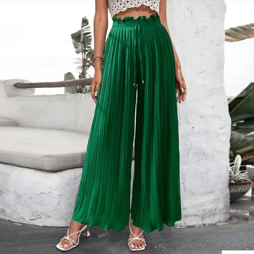 Vista 4 de XINSHIDE Pantalones plisados para mujer pantalones palazzo de pierna ancha pantalones largos de verano casuales con cordón y cintura alta