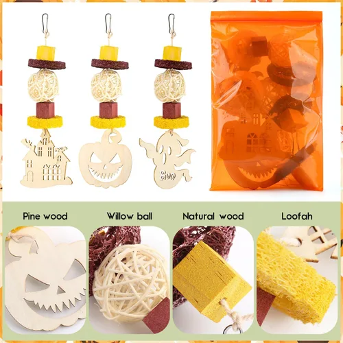 Vista 5 de Abizoo Juguetes masticables de conejillo de indias de Halloween, 3 piezas de juguetes de conejo, conejito de hámster, golosinas de madera para ratas