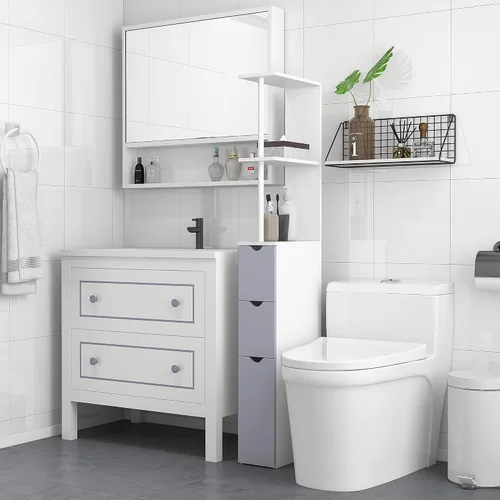Vista 2 de HOMCOM Armario de almacenamiento de baño de 54 pulgadas de alto, torre de lino independiente con estante de 2 niveles y cajones, organizador de piso