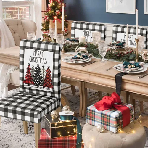 Vista 2 de Horaldaily 4 fundas para sillas de comedor de Navidad, diseño de árboles de búfalo negro, elástico, extraíble, lavable, protector de silla