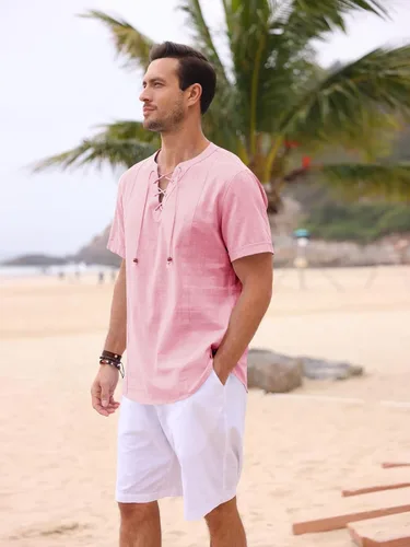 Vista 5 de Pengfei Camisas de lino de algodón para hombre, con cordones, cuello en V, casual, playa, hippie, camisas con cordón