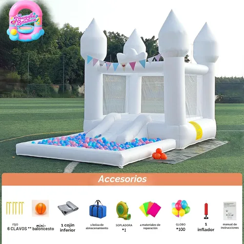Vista 3 de Casa inflable saltarina blanca de 12.5 pies x 7.1 pies con tobogán y piscina de pelotas, juguetes para interiores y exteriores para niños activos