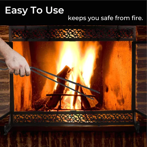 Vista 6 de Pantalla de chimenea de metal de 39 x 31 pulgadas, protector de chispas de dos puertas, diseño decorativo de desplazamiento adecuado para estufa