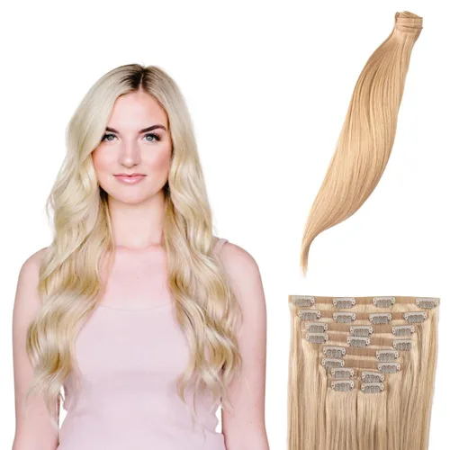 Vista 8 de BFB Hair Extensiones de cabello con pinzas para mujer, extensiones de cabello humano real, color rubio beige con reflejos rubios, 21 pulgadas, 10