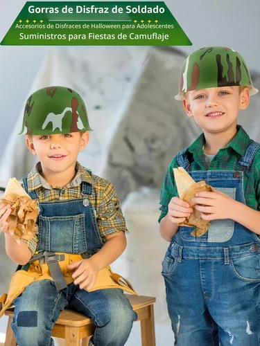 Vista 4 de 24 piezas de casco del ejército para niños, sombreros de camuflaje de plástico, gorra de soldado para adolescentes, accesorios de disfraz
