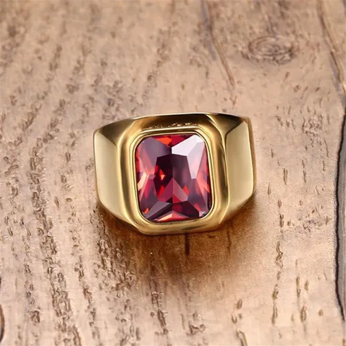 Vista 3 de PMTIER - Anillo de acero inoxidable chapado en oro con piedra cuadrada disponible en varios