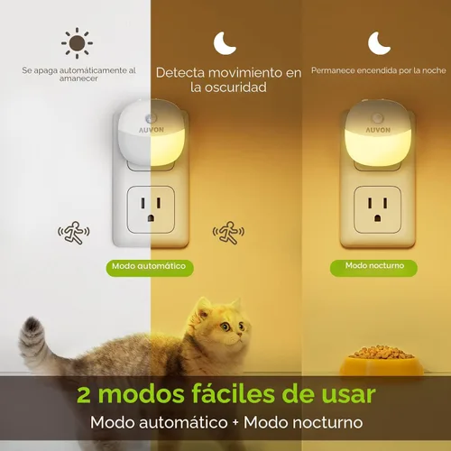 Vista 2 de AUVON Luz nocturna enchufable con sensor de movimiento y sensor de atardecer a amanecer, mini luz nocturna LED blanca cálida con brillo ajustable
