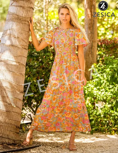 Vista 7 de ZESICA Vestido largo casual de verano para mujer, con estampado floral, manga corta con vuelo, cuello redondo, cintura alta fruncida