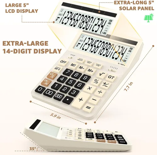 Vista 2 de Calculadoras de escritorio, calculadora de gran tamaño de 14 dígitos con actualización 2026, pantalla LCD de 5 pulgadas y energía solar, calculadora