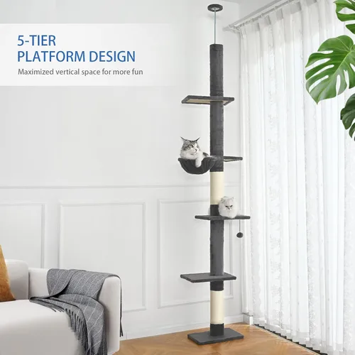Vista 7 de Cat Craft Árbol para gatos de piso a techo, torre para gatos de 5 niveles de altura con altura ajustable (98-110), árbol para gatos de techo delgado