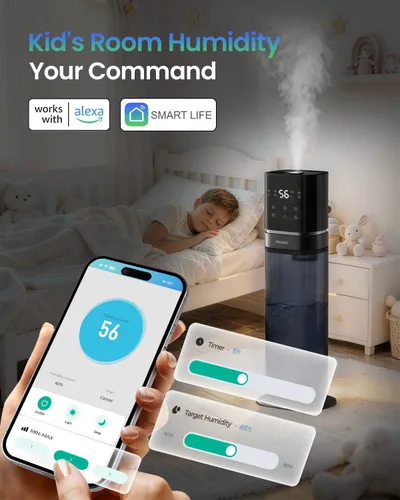 Vista 3 de Humidificador inteligente para habitación grande, humidificadores de 2.1 galón/8 litros para dormitorio con tubo extendido y luz nocturna