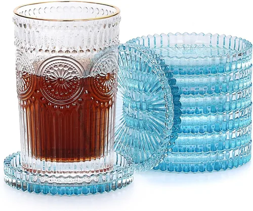 Vista 12 de JUXYES Juego de 5 posavasos de cristal tono ámbar redondos, tapetes para tazas de vidrio, posavasos para bebidas, café, té, vino, posavasos