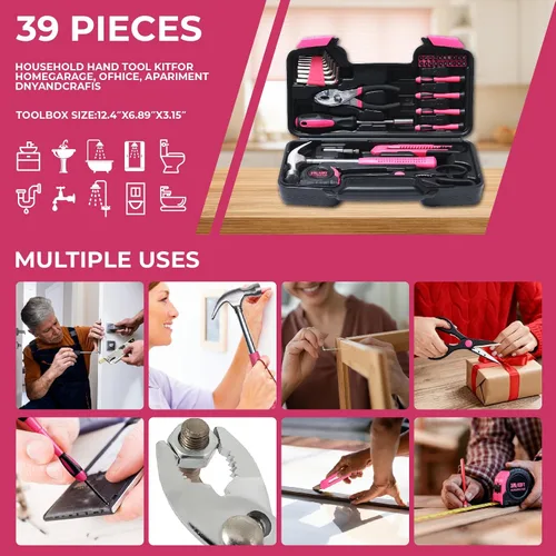 Vista 7 de Kit de herramientas básicas de 39 piezas para mujeres, juego de herramientas rosadas multiusos para el hogar con herramientas manuales y caja