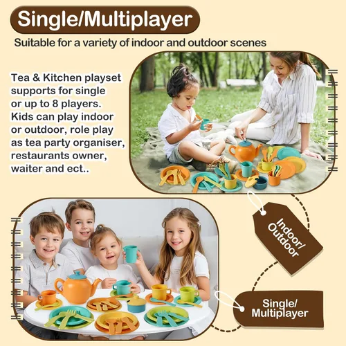 Vista 4 de BUYGER Accesorios de cocina para niños y juego de té para niños pequeños de 3 a 5 años, platos de juguete de cocina, utensilios, juego de vajilla