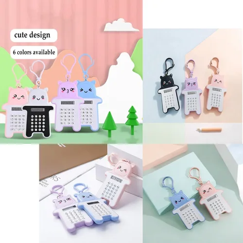 Vista 6 de Paquete de 6 mini calculadoras digitales con llavero bonito, pantalla LCD de 8 dígitos, diseño de dibujos animados, portátil para la escuela