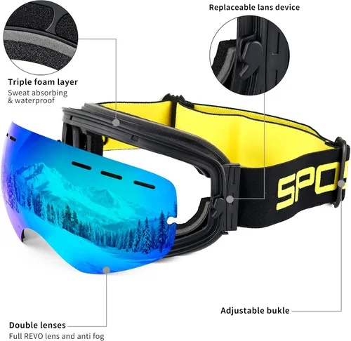 Vista 4 de SPOSUNE Gafas de esquí sobre lentes, gafas de nieve para hombres, mujeres, jóvenes, snowboard, esquí, gafas de nieve antivaho UV400