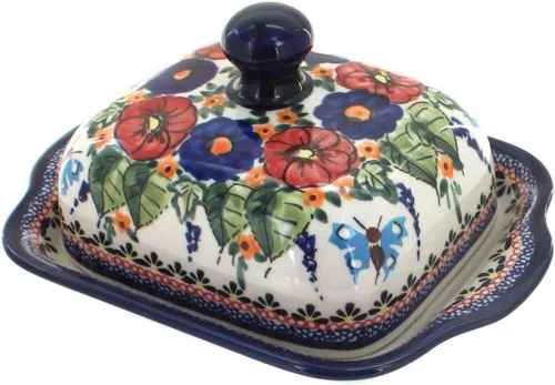 Vista 8 de Blue Rose Polish Pottery – Mantequillera cuadrada de tulipán azul – Se adapta a 1 barra – Mantequera para organización y almacenamiento de encimera