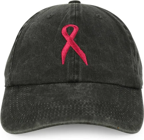 Vista 2 de Trendy Apparel Shop Breast Cancer Wareness Small Pink Ribbon Embroidered Pigment Dyed Cotton Cap Black