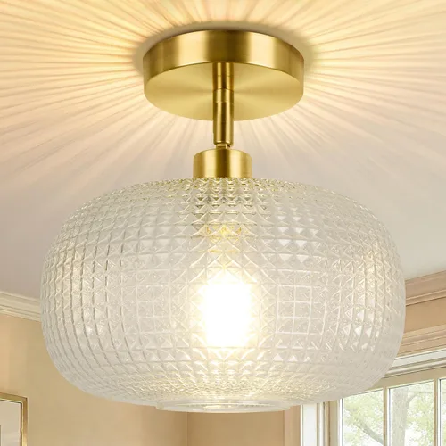 Vista 10 de ROTTOGOON Lámpara de techo semiempotrada, luces de techo inclinadas doradas ajustables con pantalla de vidrio ámbar, modernas lámparas de pasillo