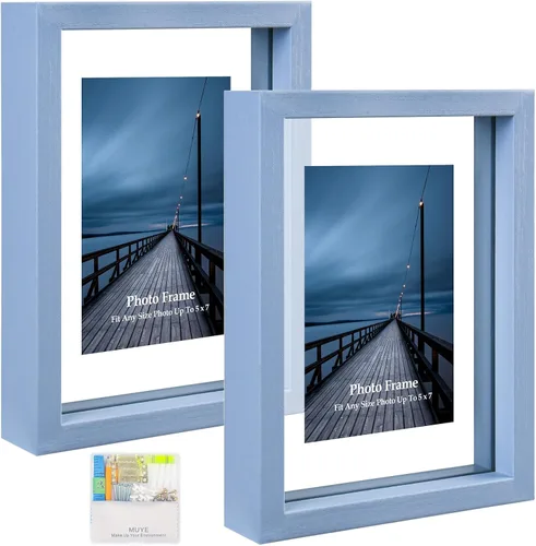 Vista 9 de MUYE Marcos flotantes de 5 x 7 pulgadas, patrón de madera blanca y beige envejecida, marco de fotos de doble cristal para mostrar fotos de cualquier