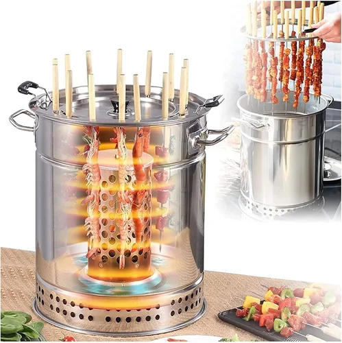 Vista 2 de Parrilla de barbacoa de barril de carbón ahumador, estufa colgante para barbacoa, parrilla de barbacoa de acero inoxidable con 20 pinchos de kabob