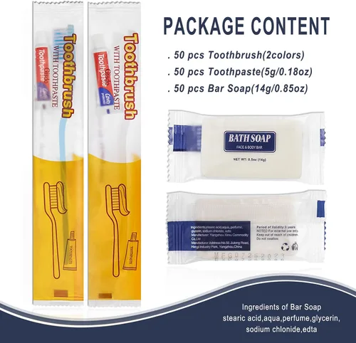 Vista 7 de 50 cepillos de dientes desechables con pasta de dientes y 50 barras de jabón Individually Wrapped, 2 Colors, Travel Size, Bulk Amenities and