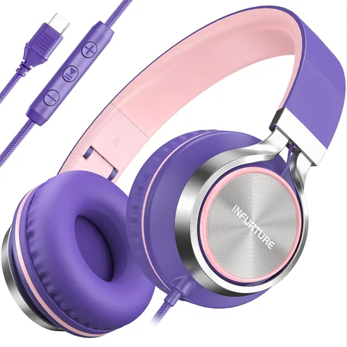 Vista 12 de INFURTURE - Auriculares USB C con micrófono, control de volumen, cable sin enredos, auriculares tipo C con cable, plegables y ligeros para iPhone