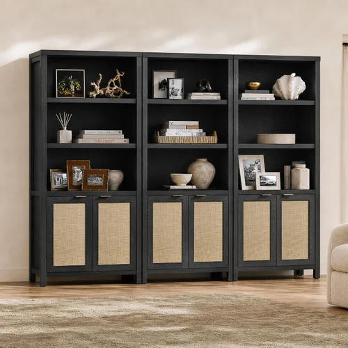 Vista 8 de SICOTAS Estantería de ratán de 5 niveles con puertas para biblioteca Roble negro