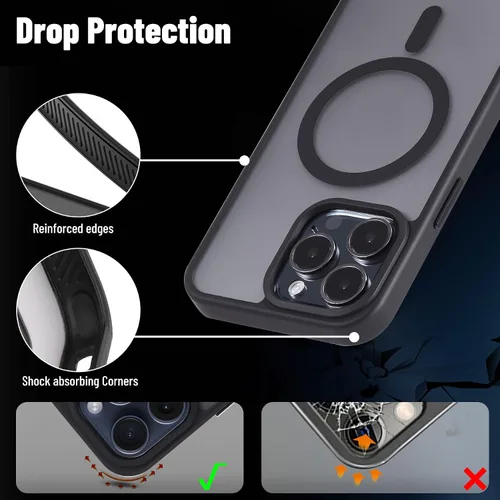 Vista 6 de Funda magnética para iPhone 15, fuerte protección contra caídas de grado militar con protector de pantalla, marco suave y parte trasera mate, a Negro
