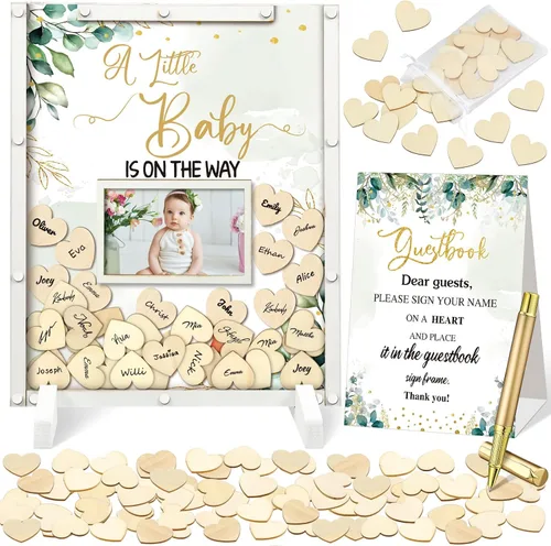 Vista 22 de Beeveer 65 piezas de libro de invitados para baby shower, libro de invitados azul para baby shower, libro de invitados con marco de fotos y 60 chips