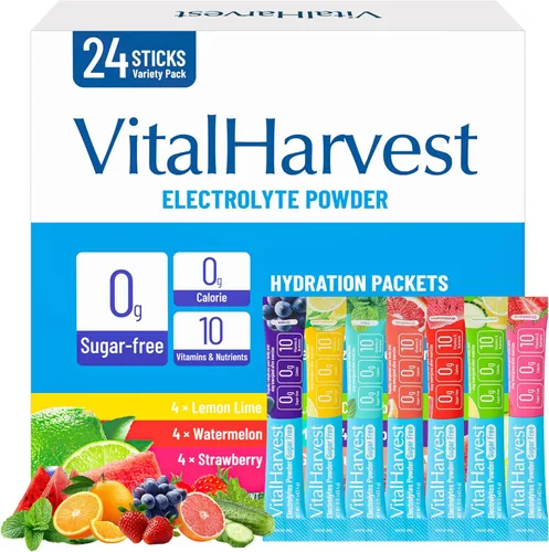 Vista 15 de VitalHarvest 24 Sobres de Polvo de Electrolitos Sin Azúcar Paquetes de Hidratación Mezcla de Bebida IV Diaria Líquida para Hidratación Rápida, Bajo