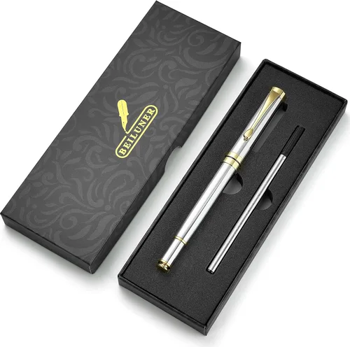 Vista 8 de BEILUNER - Bolígrafos personalizados de alta calidad, impresionante bolígrafo de metal cromado de plata brillante con borde dorado, elegante set