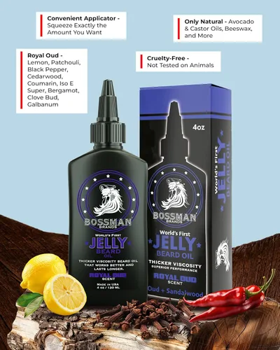 Vista 2 de Bossman Paquete de aceite de gelatina para barba para hombre, paquete de 2, 8 onzas (Royal Oud + Vetiver X Scents), suaviza, hidrata y acondiciona