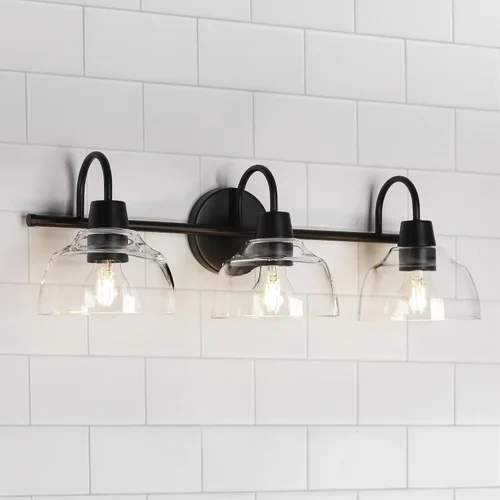Vista 2 de KSANA Lámpara de baño negra, lámpara de tocador de 3 luces con pantalla de cristal transparente de gran apertura, moderna lámpara de pared de granja
