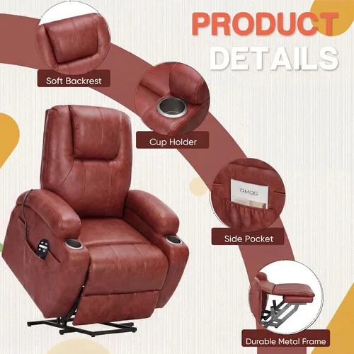 Vista 5 de Furmax Silla reclinable eléctrica con masaje para personas mayores, tela de pana, sillón reclinable individual con portavasos, bolsillos laterales