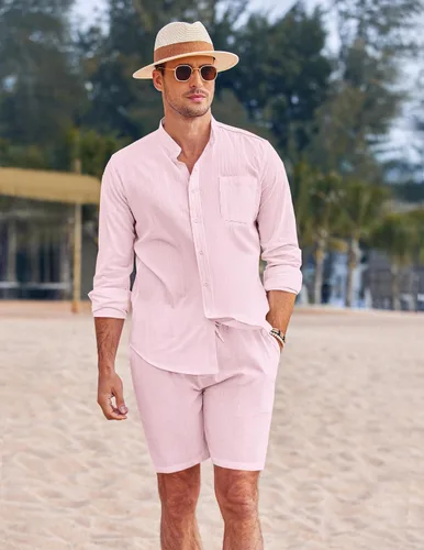 Vista 3 de COOFANDY Conjuntos de lino para hombre, 2 piezas, camisa de manga larga y pantalones cortos casuales con cordón en la cintura, trajes de verano