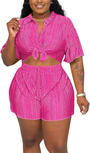 Vista 2 de Conjunto de 2 piezas para mujer, casual, plisado, manga corta, con botones, con cordón, pantalones cortos de pierna ancha, ropa de calle