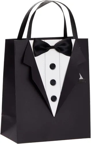 Vista 8 de Sparkle and Bash Bolsas de regalo para padrinos de boda con diseño de esmoquin 3D, pajarita de satén y botones reales, color negro, paquete de 6, 8