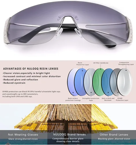 Vista 5 de NULOOQ Gafas de sol envolventes Y2K para mujeres y hombres, gafas de sol futuristas sexys sin marco, escudo de estrellas planas