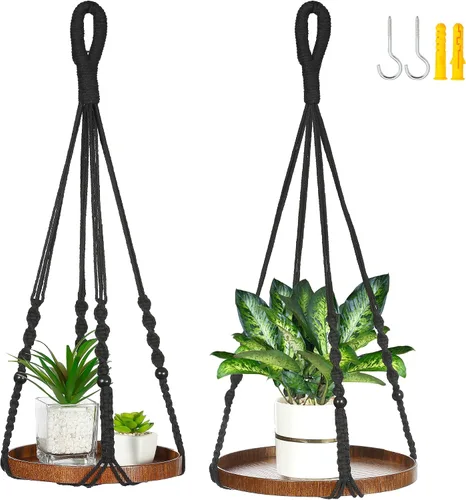 Vista 7 de Colgador de macramé de 2 niveles Colgador de plantas para interiores, maceta colgante Estante para macetas colgantes (beige)