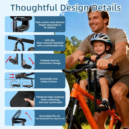 Vista 4 de Asiento de bicicleta infantil montado en la parte delantera para adulto MTB, portabicicletas interactivo para niños con barandilla completa, pedales