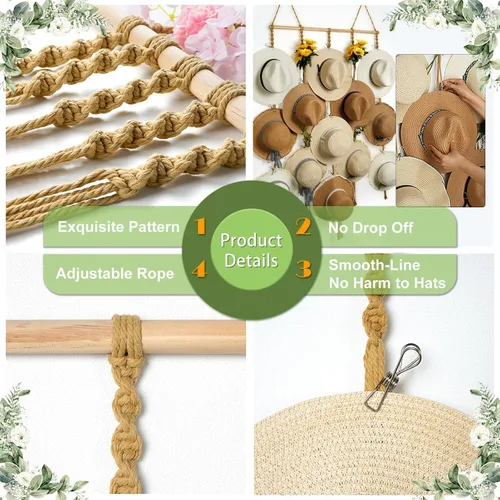 Vista 6 de Organizador de Sombreros de Macramé para Pared 15 Clips 31x53 Pulgadas Colgadores Grandes Exhibidor para Sombreros Fedora para Soporte de Sombreros