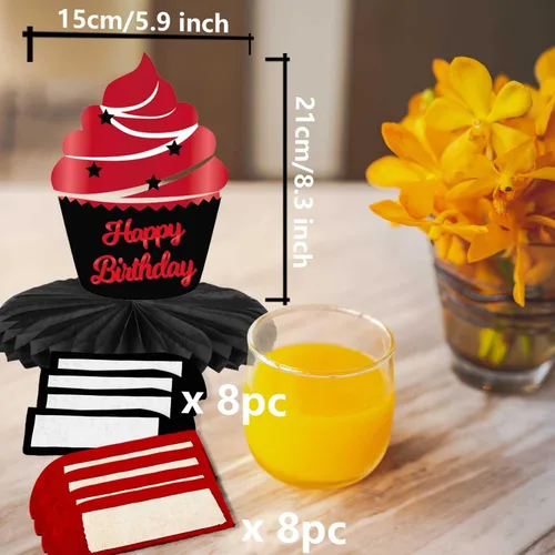 Vista 3 de Centros de mesa con diseño de panal rojo y negro de feliz 35 años, decoración temática de globos, decoración de mesa para niñas y mujeres, princesa