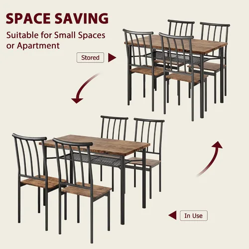 Vista 7 de Juego de mesa de comedor para 4, mesa de cocina y sillas para 4 con estante para vino, juego de mesa de comedor rectangular, juego de mesa