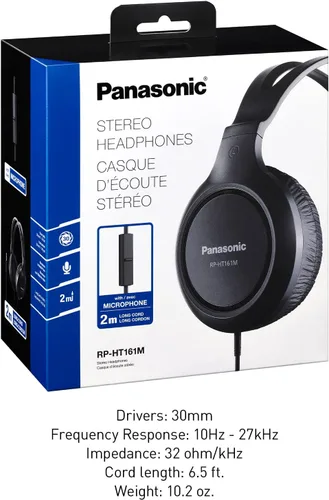 Vista 7 de Panasonic Auriculares ligeros con cable sobre la oreja con micrófono, sonido y XBS para extra graves, cable largo, conector de 3.5mm para teléfonos