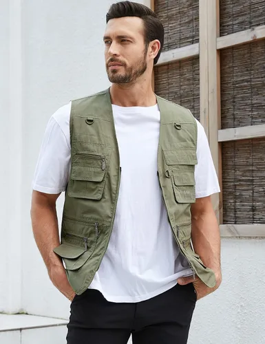 Vista 2 de Gihuo Chaleco de Pesca para Hombre Chaleco de Utilidad Safari Viaje con Bolsillos Trabajo al Aire Libre Foto Cargo Mosca Chaleco de Verano Verde